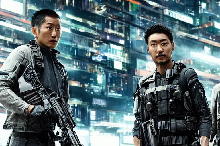 Prompt: movie diverse interracial team of Japanese sci-fi futuristic robbers armed with rifles interior clean futuristic tactical van, cyberpunk city, beautiful skin, Symmetrical faces. natural lighting by Emmanuel Lubezki