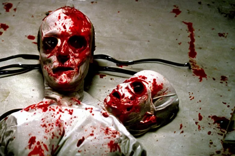 Prompt: filmic wide shot dutch angle movie still 35mm film color photograph of a doctor with his face completely torn off, eyeballs hanging out of his skull, drenched in blood lying on his back on a science lab floor in the style of a 1982 horror film