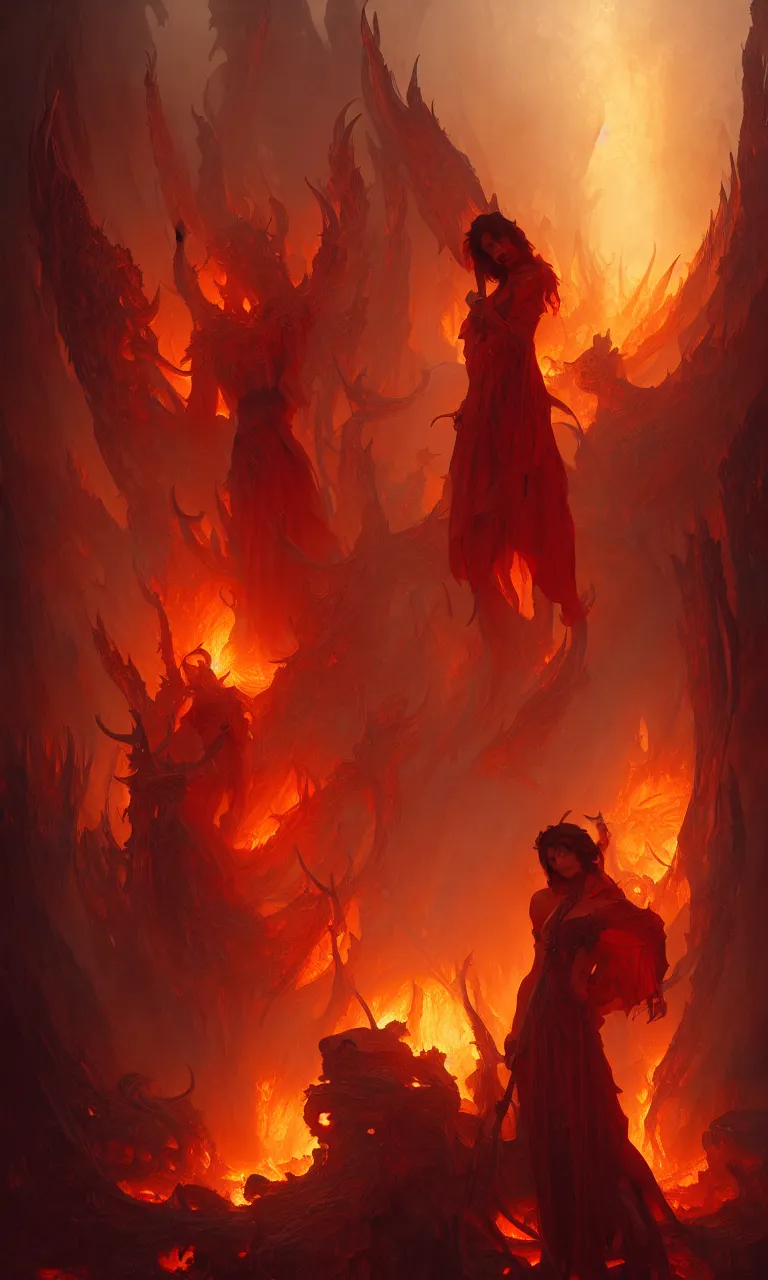 Image similar to Purgatory, fire in hell. The gateway to the infernal underworld. Devils demons, highly detailed, digital painting, artstation, concept art, smooth, sharp focus, illustration, art by artgerm and greg rutkowski and alphonse mucha