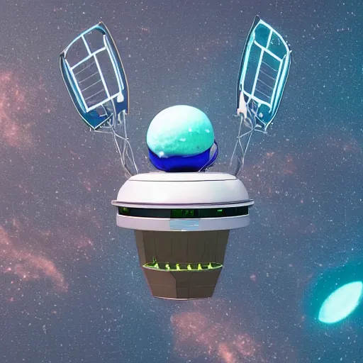 Image similar to high above earth's atmosphere a impossibly large alien mothership craft (reminiscent of a golf-ball) with antennae and many little docking ports, charges up it's neon electric blue weapon that will recycle earth on Tuesday, people on the ground eat donuts in quaint cafes, 8K, 4K, Octane, UE5, photorealistic, cinematic