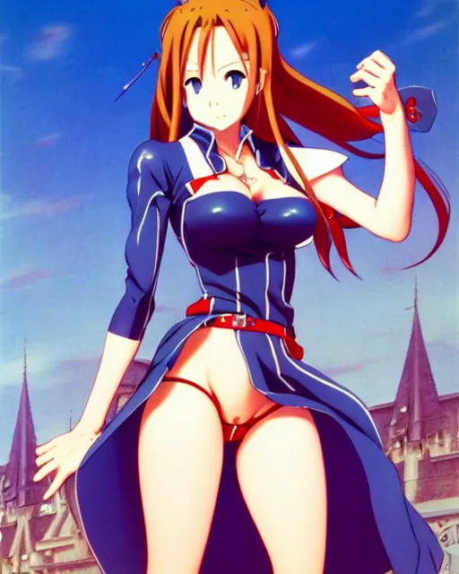 Image similar to pinup photo of asuna from sao in the crowded square of the city, asuna by a - 1 pictures, by jean giraud, kezie demessance, gil elvgren, james jean, enoch bolles, glossy skin, pearlescent, anime, very coherent, sao style anime, flat