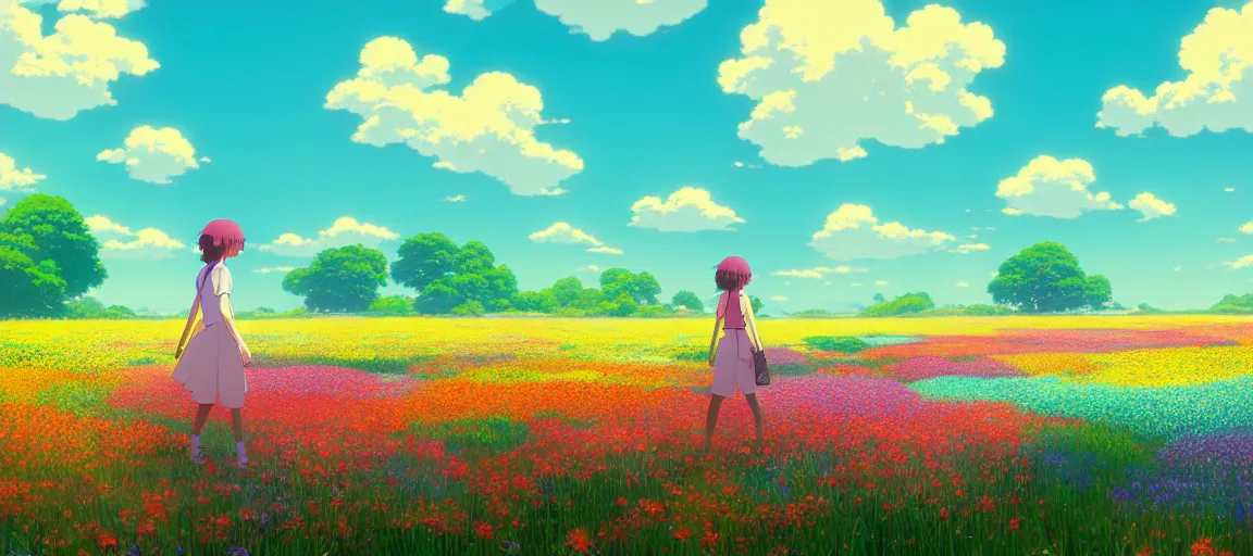 Image similar to a beautiful ultra - detailed panorama of a girl walking through a field of colorful flowers by beeple, studio ghibli, makoto shinkai, wallpaper, highly detailed, trending on artstation, anime