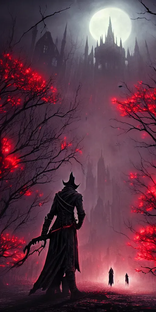 Image similar to abandoned bloodborne old valley with a obscure person at the centre and a ruined gothic city in the background, trees and stars in the background, falling red petals, epic red - orange moonlight, perfect lightning, wallpaper illustration by niko delort and kentaro miura, 4 k, ultra realistic