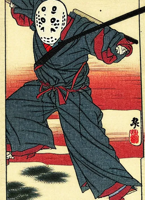 Image similar to jason voorhees as a yokai illustrated by kawanabe kyosai and toriyama sekien