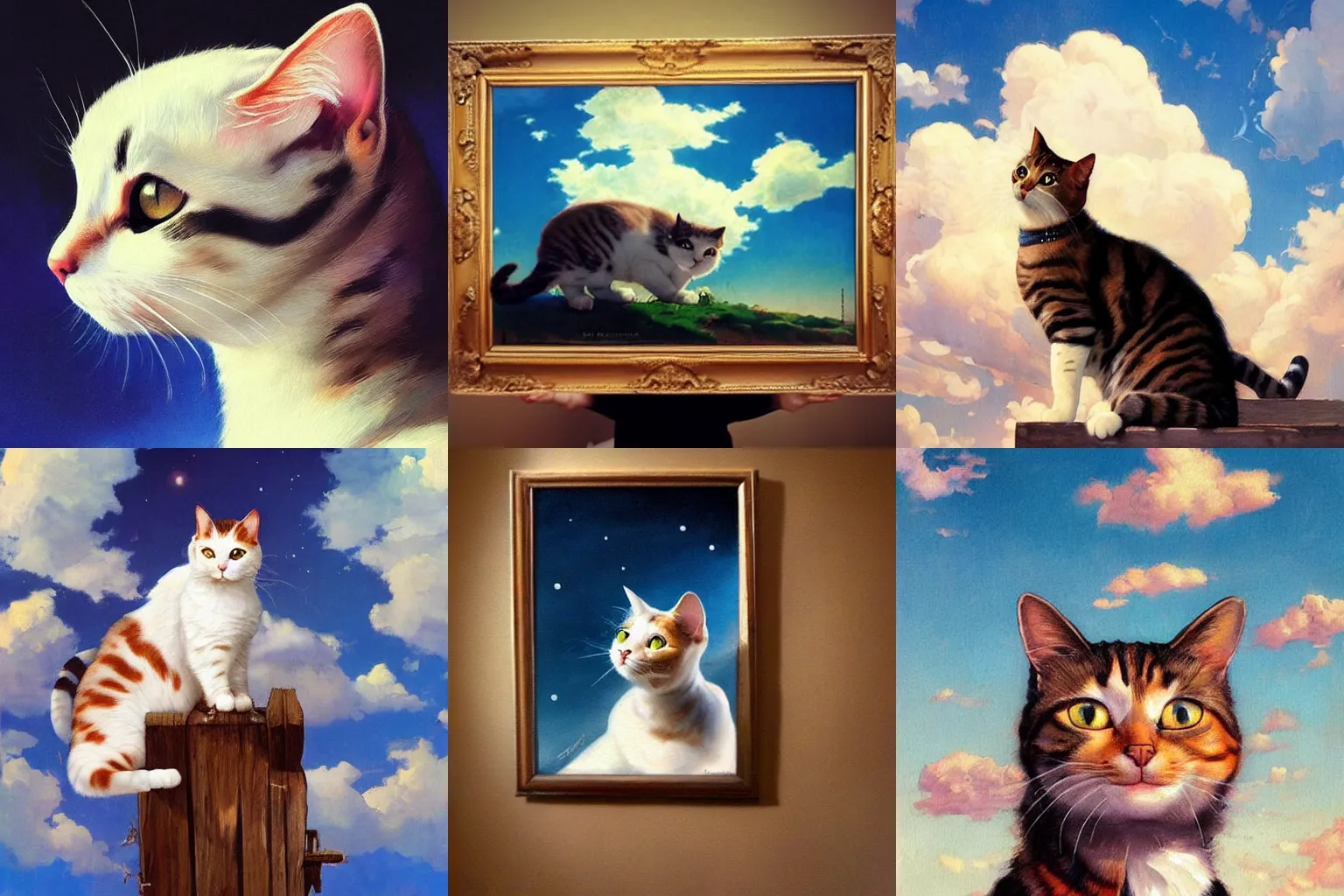 Prompt: A painting of a cat under the sky, by (Ross Tran, Norman Rockwell, Leonardo da Vinci), beautiful clouds, Trending on Artstation