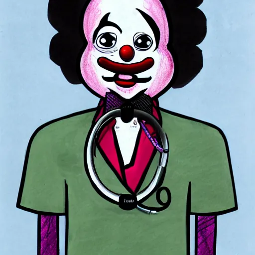 Image similar to a drawing of a clown with a stethoscope, a character portrait by david firth, trending on deviantart, neoplasticism, creepypasta, freakshow, macabre, white background