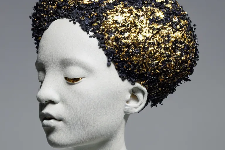 Image similar to full body, beautiful female black, porcelain sculpture, with lots of ornate gold leaf 3 d ibis birds attached to head by daniel arsham and james jean, on a white background, delicate facial features, white eyes, white lashes,