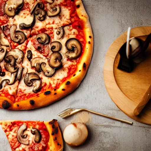 Image similar to A delicious plate of pizza, pepperoni, mushrooms, food photography, michilin star