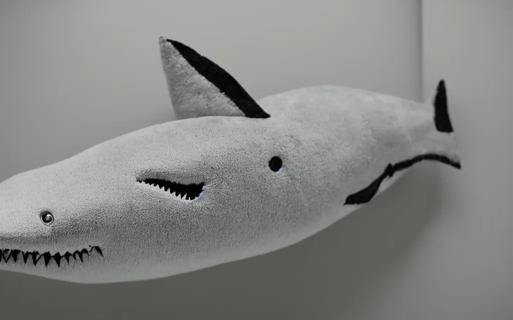 Prompt: Shark plush sitting in the doctors waiting room, stuffed toy, fish, good lighting, 50mm, depth of field