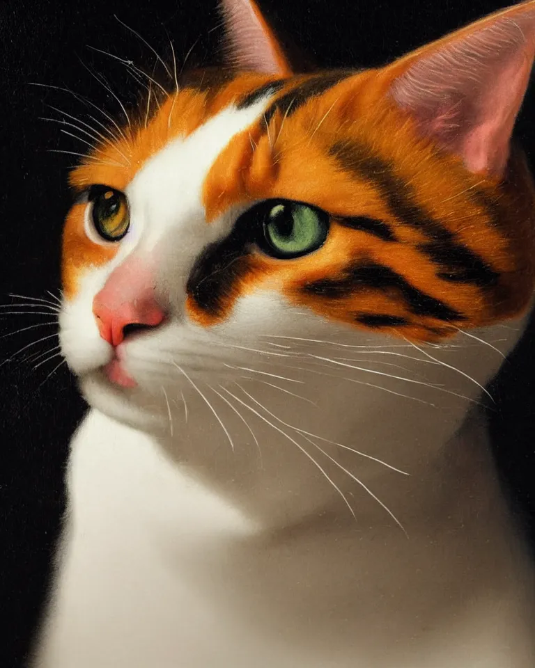 Prompt: close up portrait of one calico cat by vermeer. black background, three - point lighting, enchanting, realistic features, realistic proportions, centered, facing camera.