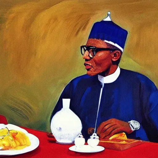 Image similar to president muhammadu buhari sitted at a lavish banquet with a large bastion of chicken minimalist solid background in the style of edward hooper and henri matisse oil painting