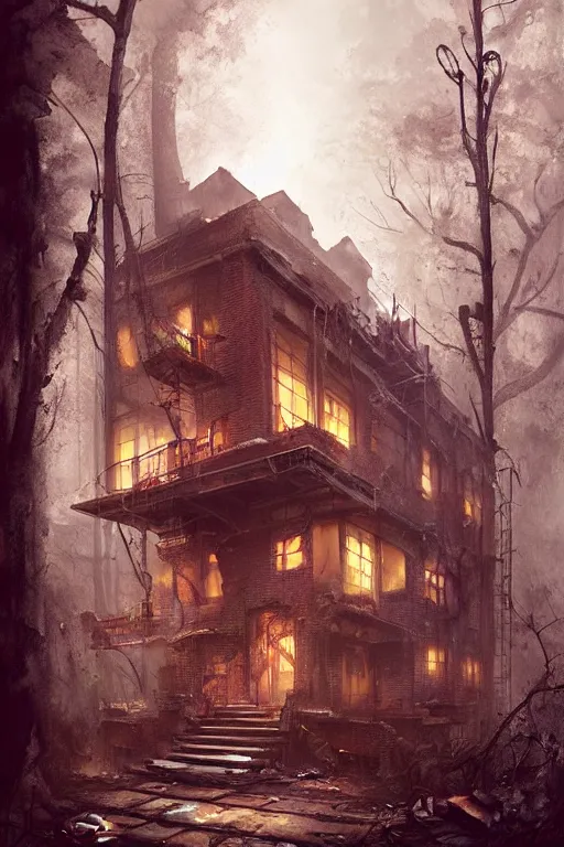 Prompt: a ramshackle Manhattan brick brownstone deep in the forest by Bastien Lecouffe Deharme