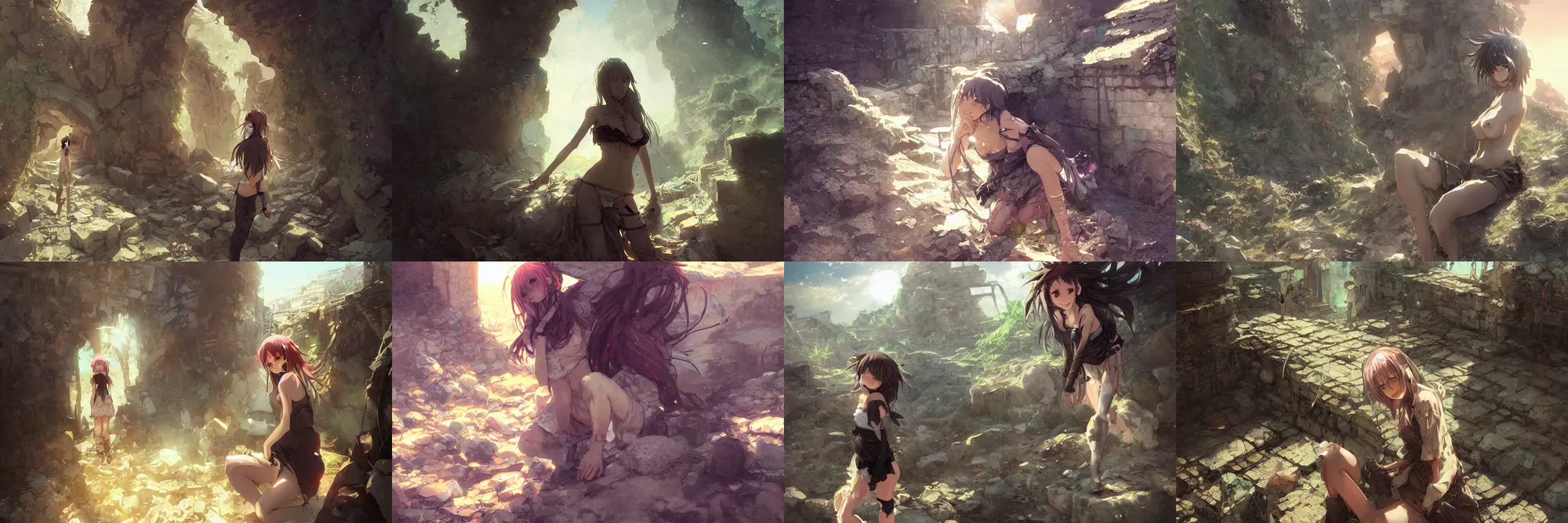 Prompt: Digital anime art by WLOP and Mobius, Ragged scavenging girl, dirty and desperate, climbs through the stone ruins, hot sun overhead, highly detailed, bleached bright lighting