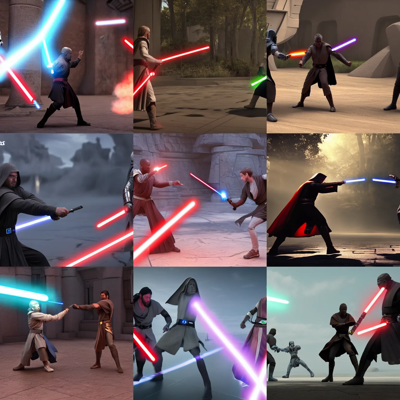 Prompt: Jedi vs Sith fighting a Jedi, 4k, depth of field, unreal engine, vray render, hyperrealistic, photorealistic