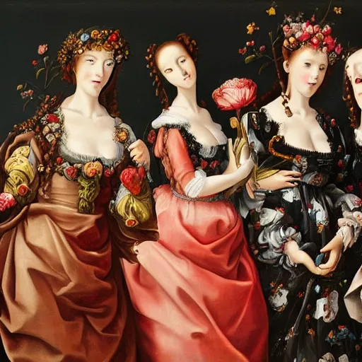 Image similar to renaissance, baroque oil painting brushstrokes, group of creepy young ladies wearing renaissance long harajuku manga dress with flowers and skulls, background chaotic flowers