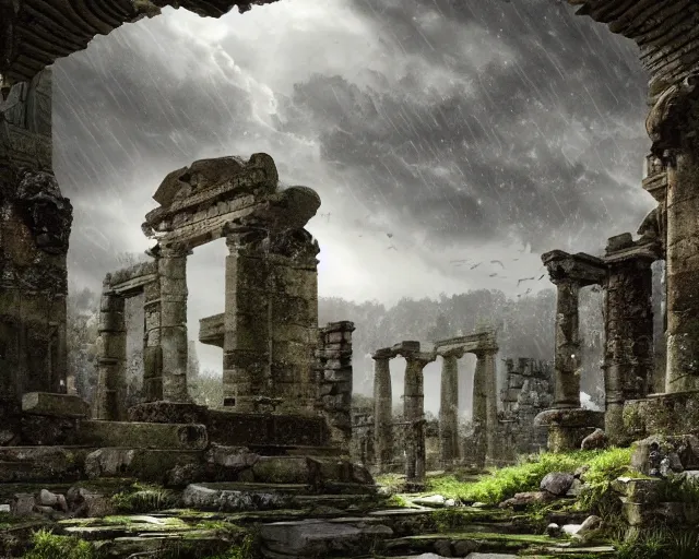 Image similar to Ancient ruins of a city, overgrown, heavy rain, winter, immaculate and epic scale, low angle, looking up, amazing lighting, sunshine filtering through the clouds, digital art, trending on Artstation, hyper-realistic, detailed, ultra detailed