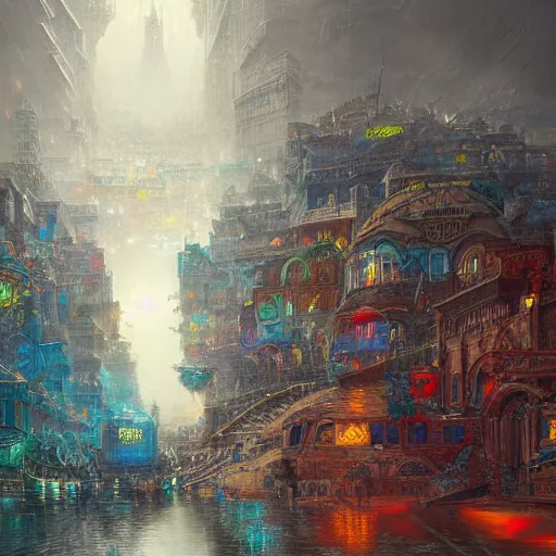 Image similar to artstation concept of a city from a past vision of the future, bright colorful, hyperdetailed, artstation trending, world renowned artists, worth1000.com, historic artworks society, antique renewel, cgsociety, by greg rutkowski, by Gustave Dore, Deviantart