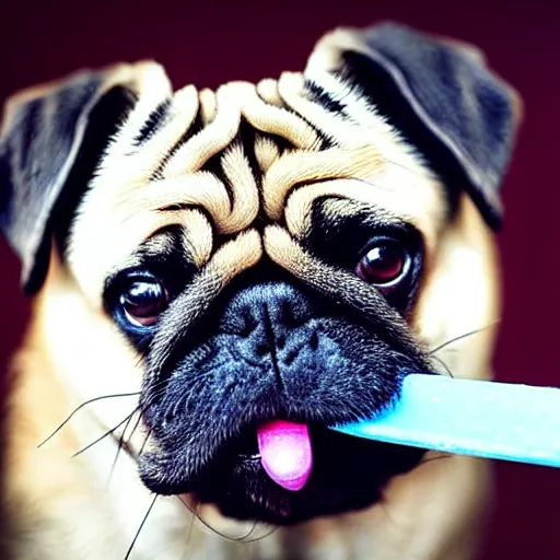 Prompt: a pug eating a popsicle