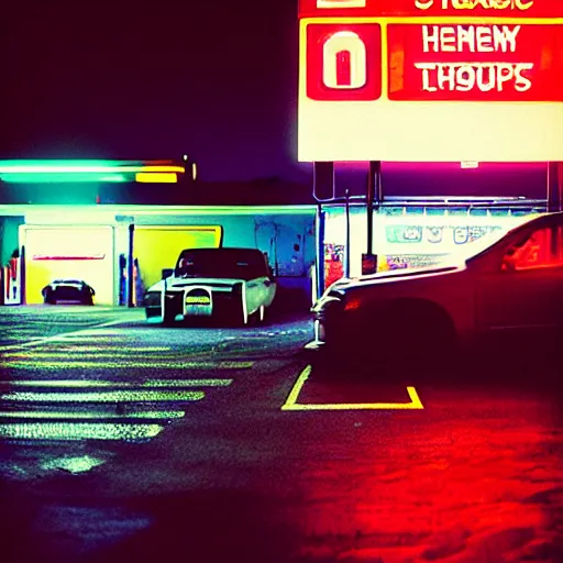 Image similar to “gas station photography, neon, heavy rain, cars, cyberpunk, various subjects, cinestill 800t, in the style of William eggleston”