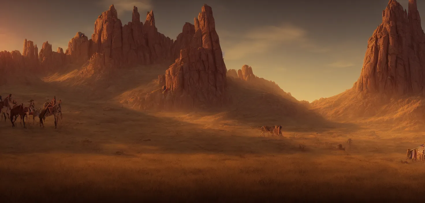 Image similar to navajo indian reservations, cinematic view, trending on artstation