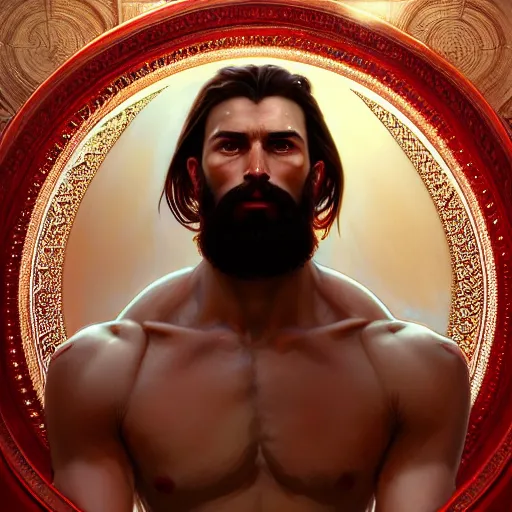 Image similar to portrait of a heavenly god, male, clear face, red and white and gold, masculine, beard, upper body, muscular, fantasy, intricate, elegant, dramatic lighting, highly detailed, digital painting, artstation, concept art, matte, sharp focus, illustration, art by artgerm and greg rutkowski and alphonse mucha