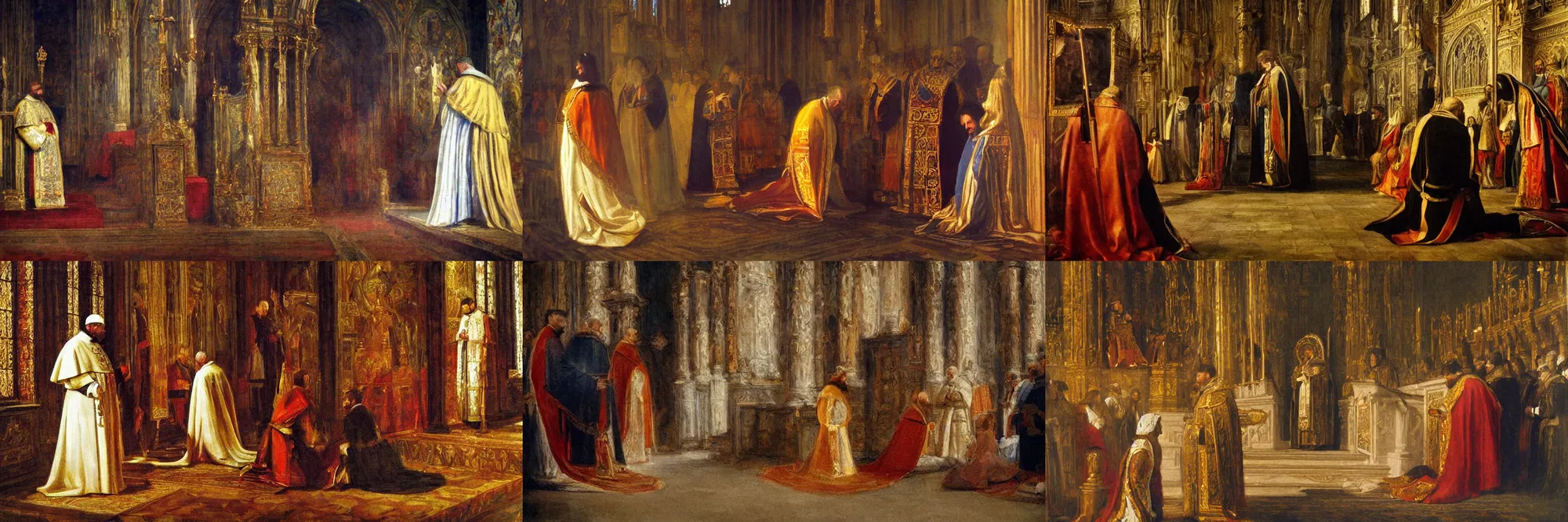 Prompt: masterful painting of a king kneeling before the pope, in a church. impressionistic, colorful, photographic lighting. medium shot