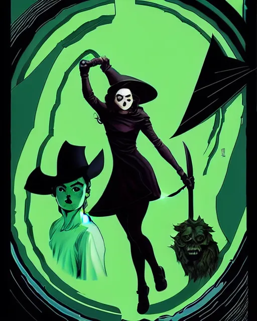 Prompt: rafael albuquerque comic art, peter mohrbacher, steve niles, phil noto, artgerm, pretty evil maisie williams witch, black and green dress, symmetrical eyes