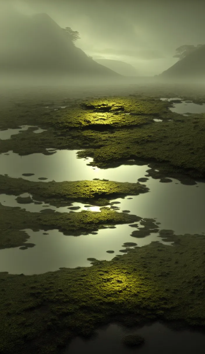 Prompt: bubbling peat bog from which grow lush carnivorous plants, murky water, reflections, contrasting light, attention to detail, dark and dramatic atmosphere of prehistoric life, volumetric fog, raytracing, back light, raymarching, by ilm, by digital domain, by weta digital