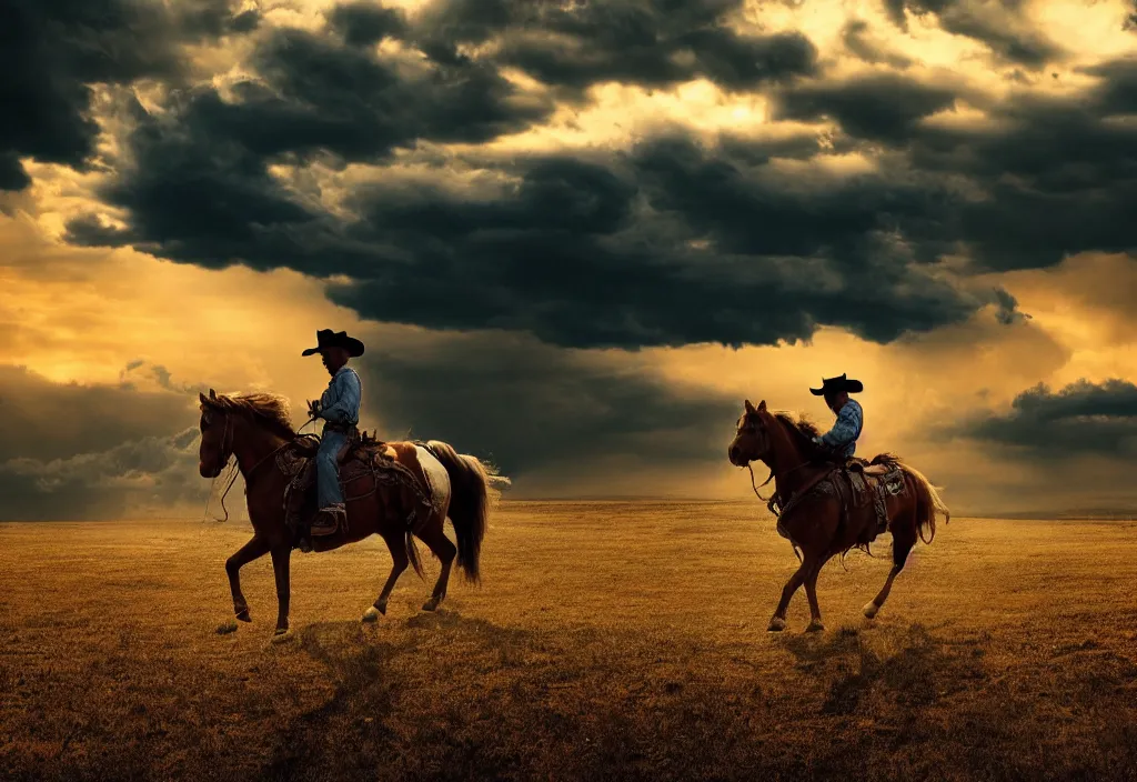 Prompt: a lone cowboy on horseback, aiming a golden revolver, hazy sunset with dark storm clouds on the horizon, small western town in the distance, cinematic angle, filmic tones, detailed digital matte illustration