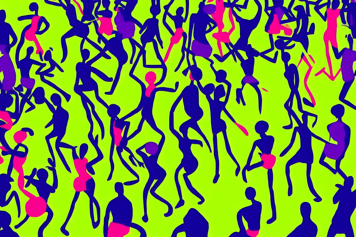 Image similar to henri matisse. close up of sketched humans underground raving standing in circle in a club. a chaotic scenery. palm trees and dj equipment, music, a bar with drinks. slight, fine contours of faces, arms, bodes. disco ball overhead. the floor is green. dark blue background. jumping. minimalistic desaturated color palette. fine brush strokes. horizon