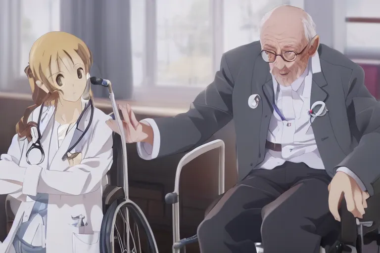 Image similar to a cute young female doctor wearing white coat, an old man of 80 years in a wheelchair, hospital ward, slice of life anime, cinematic, realistic, highly detailed, 8kHDR, anime scenery by Makoto shinkai