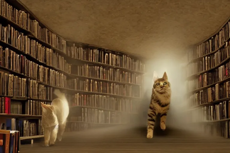 Prompt: futuristic VFX movie of a cat walking through a wizards magic underground library study lair, natural lighting by Emmanuel Lubezki