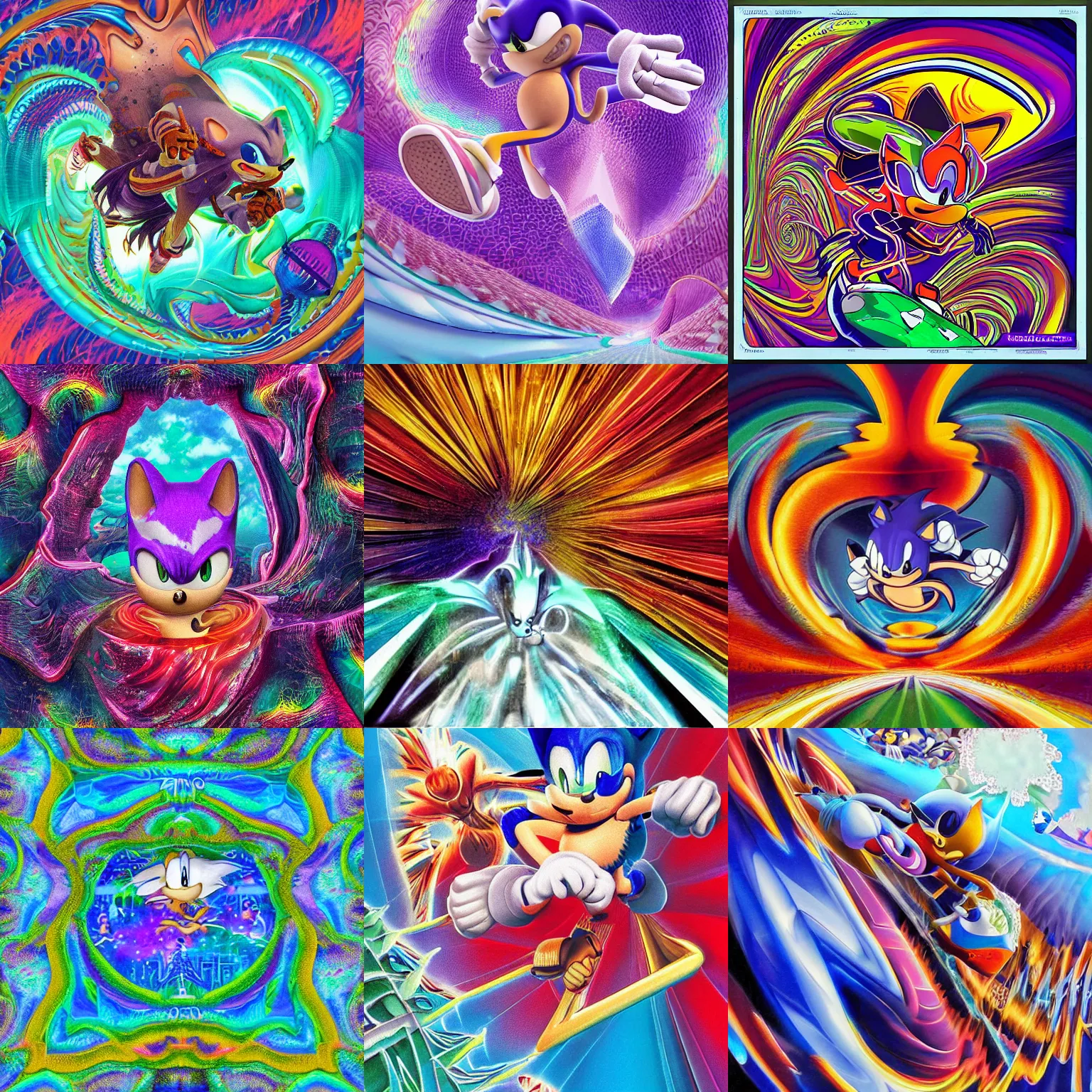 Prompt: sonic portrait of surreal, sharp, detailed professional, high quality airbrush art MGMT album cover of a liquid dissolving LSD DMT sonic the hedgehog surfing through fractal tunnels, purple checkerboard background, 1990s 1992 Sega Genesis video game album cover