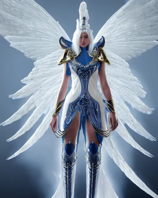 Image similar to perfect white haired egyptian goddess wearing white dove wings, warframe armor, regal, attractive, ornate, sultry, beautiful, charlize theron, half asian, pretty face, blue eyes, detailed, scifi platform, 4 k, ultra realistic, epic lighting, cinematic, masterpiece, art by akihito tsukushi, voidstar, trending on artstation