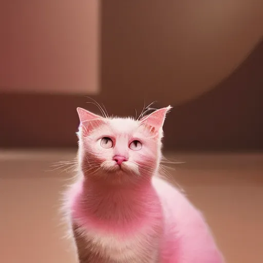 Image similar to a pink cute cat with big ears and big eyes, zeiss lens, detailed, symmetrical, centered, fashion photoshoot, by Annie Leibovitz and Steve McCurry, David Lazar, Jimmy Nelsson, Breathtaking, 8k resolution, extremely detailed, beautiful, establishing shot, artistic, hyperrealistic, beautiful face, octane render