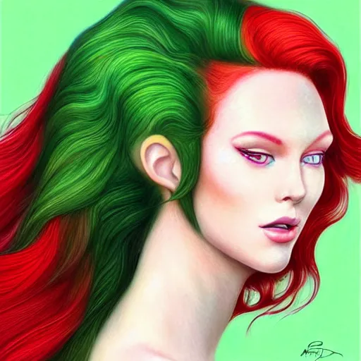 Prompt: an elegant Redhead Pleiadian alien human beautiful hybrid feminine woman, green skin, long gorgeous red hair in loose curls, with stunning green eyes, cute face and a roundish nose, as a retrofuturistic heroine, face and body, gorgeous psychedelic digital painting, artstation, concept art, smooth, sharp focus, illustration, art by artgerm and donato giancola and Joseph Christian Leyendecker, Ross Tran, WLOP