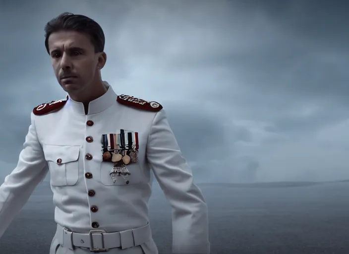 Prompt: proud man wearing a white tunic uniform, tab collars, no medals, no epaulette, his arms are behind his back, ultra realistic, 4 k, movie still, uhd, sharp, detailed, cinematic, render, modern