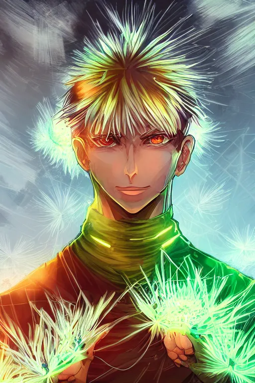 Prompt: nuclear bomb dandelion male anime character, symmetrical, highly detailed, digital art, sharp focus, trending on art station, green eyes, glowing radioactive colours