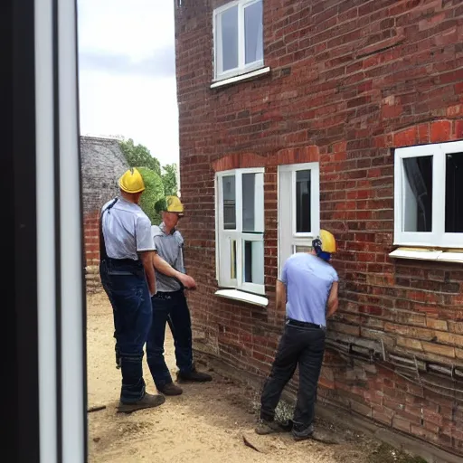 Prompt: many builders inspecting and discussing sash window