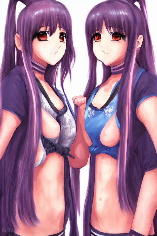 Image similar to two beautiful female fighters with pigtails facing each other, detailed anime art