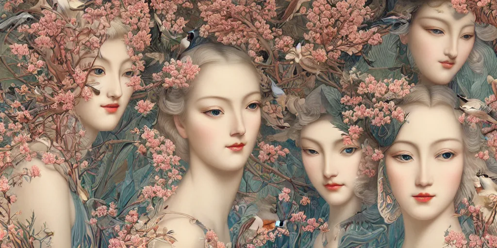 Image similar to breathtaking detailed concept art painting art deco pattern of blonde faces goddesses with blend of flowers and birds, by hsiao - ron cheng and john james audubon, bizarre compositions, exquisite detail, extremely moody lighting, 8 k