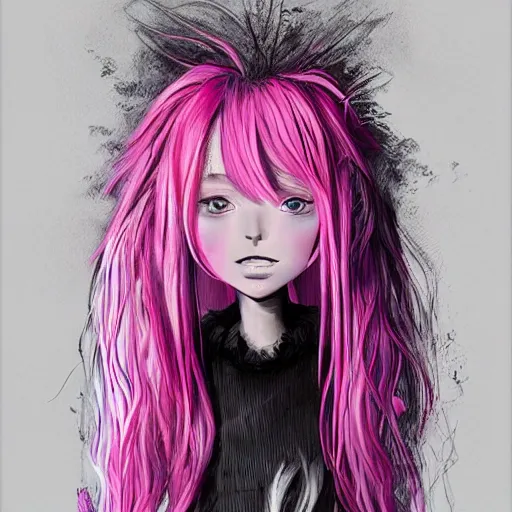 Image similar to girl with an eccentric pink haircut wearing an long dress made of feathers, full character, realistic art work, cgi, anime, 8 k, ultra hd, sketch anime