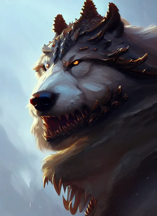 Image similar to anthropomorphic dire wolf berserker, intricate, elegant, highly detailed animal monster, digital painting, artstation, concept art, smooth, sharp focus, illustration, art by artgerm and greg rutkowski and alphonse mucha, 8 k