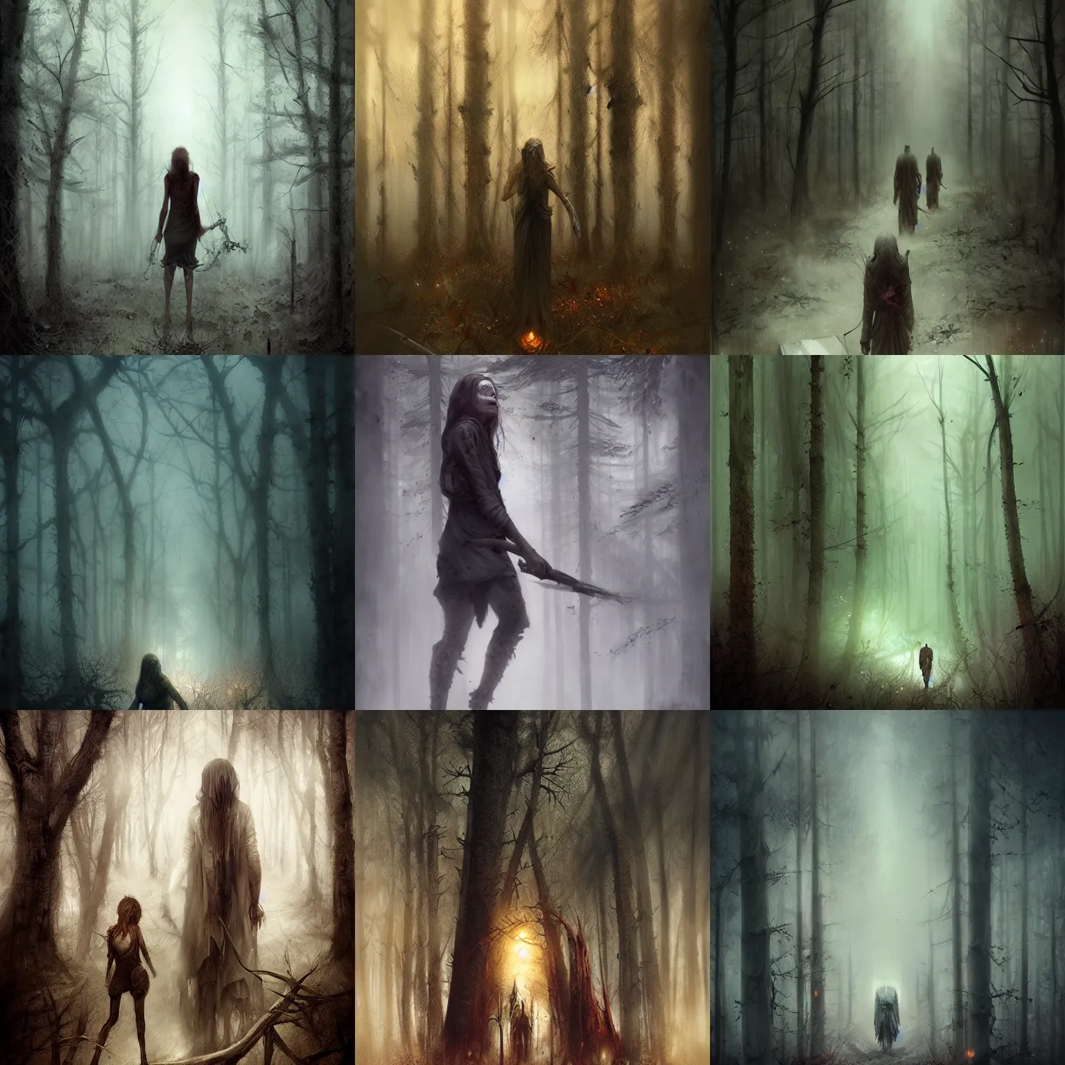 Prompt: death walking through dead forest, night, bastien lecouffe - deharme