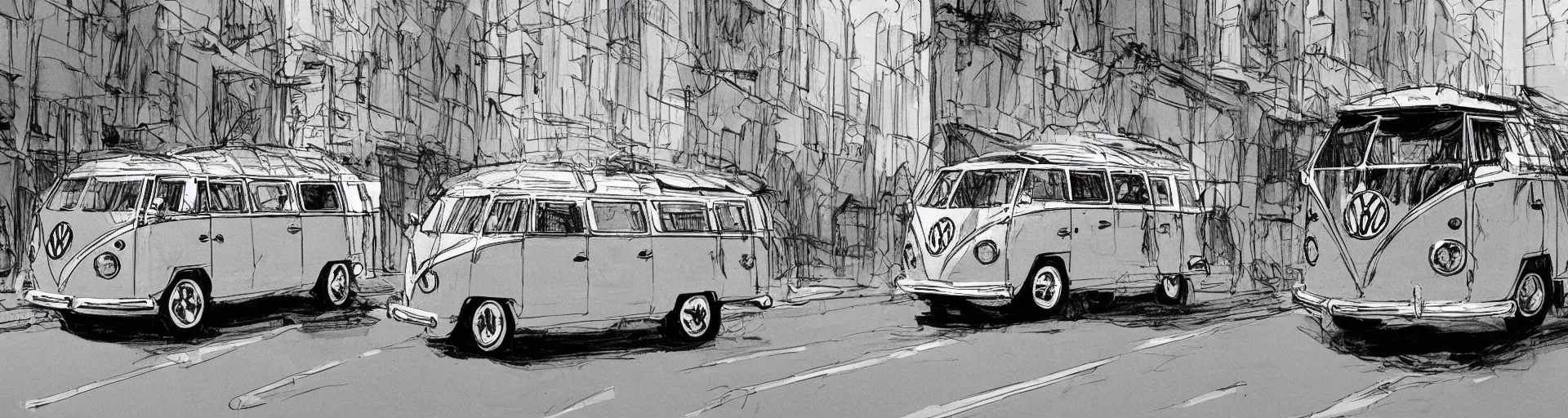 Image similar to a side view vw bus on a street, illustration by ashley wood