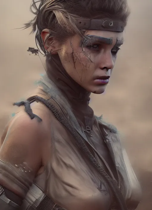 Image similar to full body concept art illustration pastel painting of a female mad max in intricate clothing, beautiful face, ultra detailed, octane render, 8K, dystopian, micro details