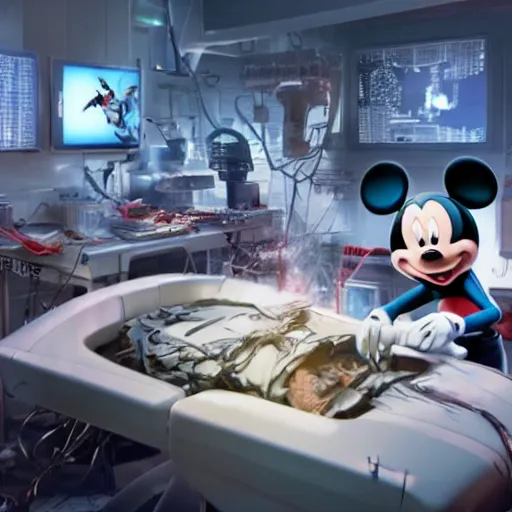 Prompt: mickey mouse being dissected by a group of network executives, on an operating table, octane render, cgstation, 3 d render, very detailed, mindblowing, blood and guts, gritty, cyberpunk