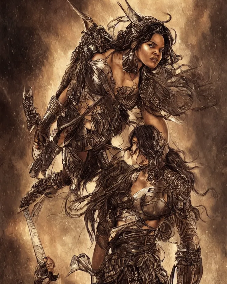 Image similar to tessa thompson as an amazon warrior, tall and beautiful with brown skin and long hair, but better, dressed in hellenistic body armor, intricate, elegant, highly detailed, smooth, sharp focus, detailed face, art by ardian syaf