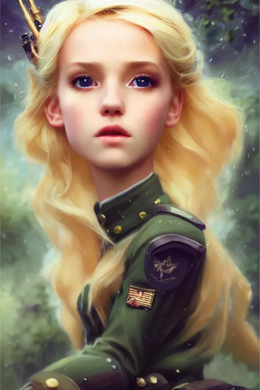 Image similar to cinematic shot of an epic portrait of a cute blonde fairy dressed in military clothes, stylised military clothes, shiny skin, beautiful eyes, beautiful, small details, night setting, realistic poster with volumetric light from craig mallism, artgerm, jeremy lipkin and michael garmash, unreal engine, radiant light, digital art, trends at art station, a masterpiece