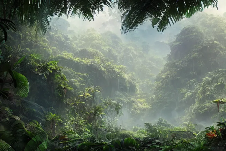 Image similar to exotic tropical jungle, concept art, matte painting, 4k , clean post process, film still, style by raphael lacoste, eddie mendoza, alex ross